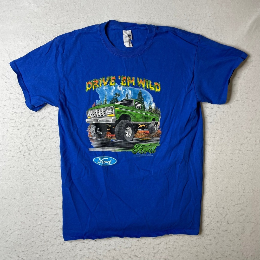 Gildan Ford Drive 'Em Wild Truck Graphic T-Shirt Mens Medium Blue Short Sleeve